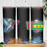 Where the Sunbird Sings Skinny Tumbler with Sao Tome and Principe Flag and Color Splash Art