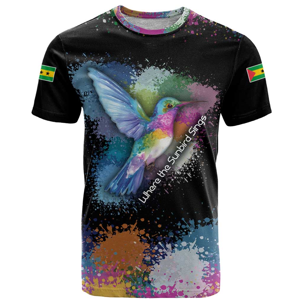 Where the Sunbird Sings T Shirt with Sao Tome and Principe Flag and Color Splash Art