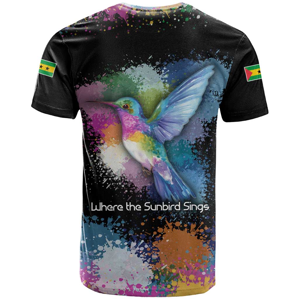 Where the Sunbird Sings T Shirt with Sao Tome and Principe Flag and Color Splash Art