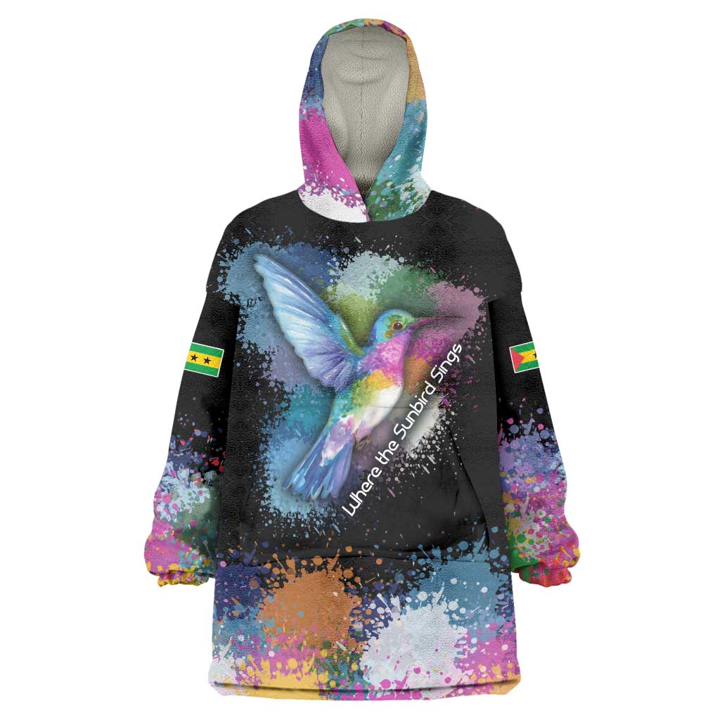 Where the Sunbird Sings Wearable Blanket Hoodie with Sao Tome and Principe Flag and Color Splash Art
