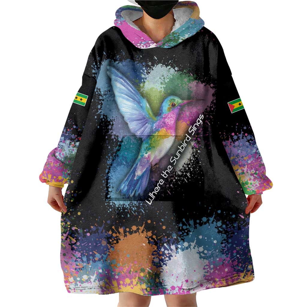 Where the Sunbird Sings Wearable Blanket Hoodie with Sao Tome and Principe Flag and Color Splash Art