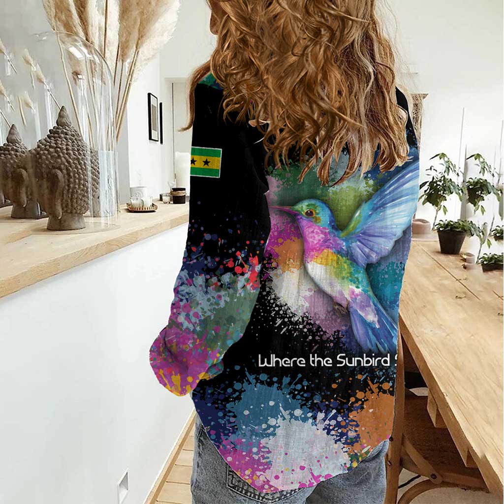 Where the Sunbird Sings Women Casual Shirt with Sao Tome and Principe Flag and Color Splash Art