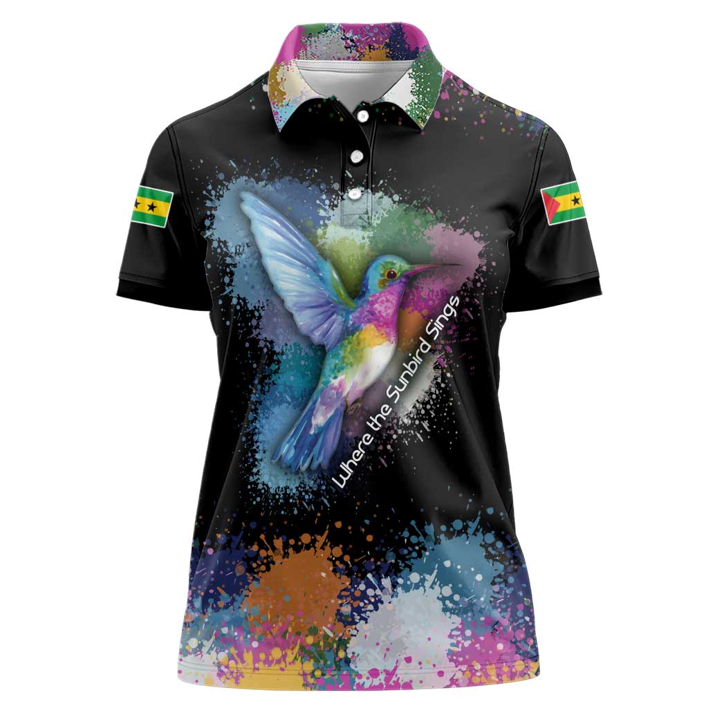 Where the Sunbird Sings Women Polo Shirt with Sao Tome and Principe Flag and Color Splash Art