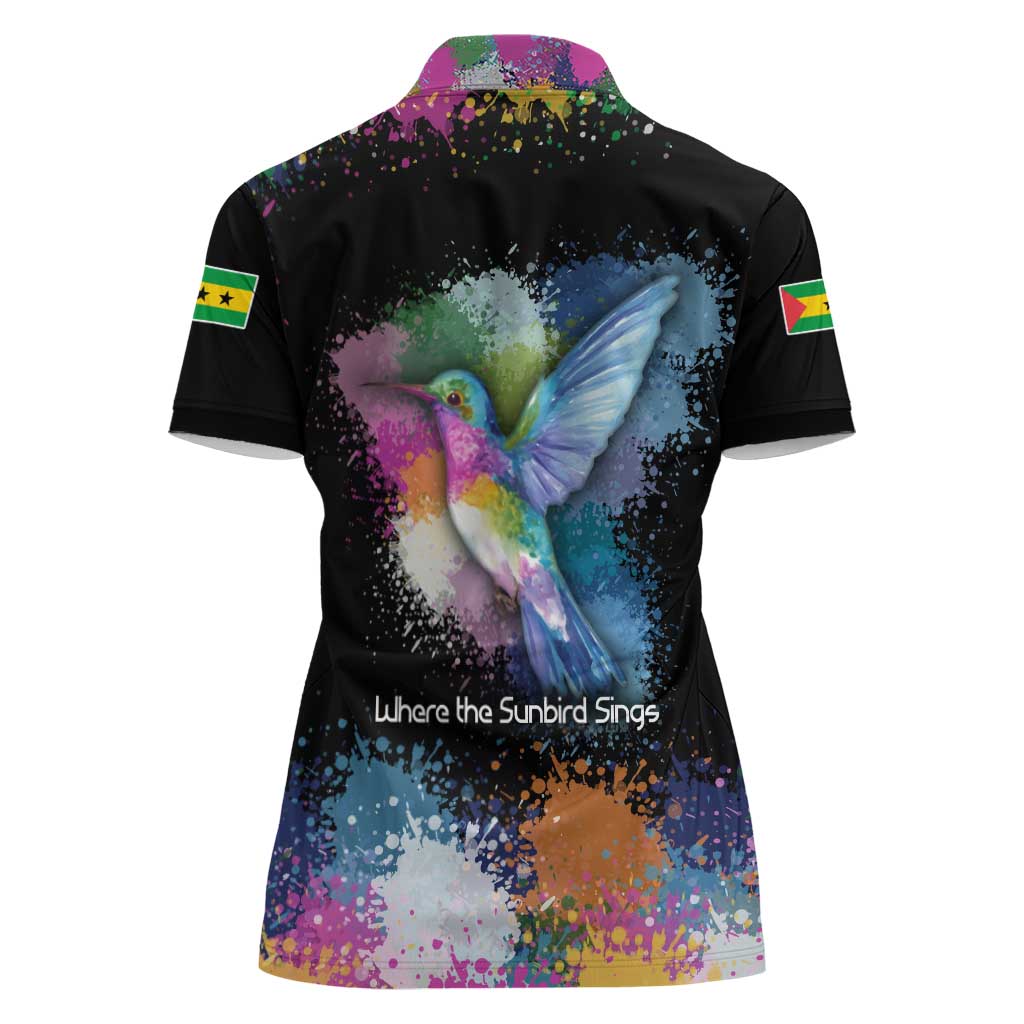 Where the Sunbird Sings Women Polo Shirt with Sao Tome and Principe Flag and Color Splash Art