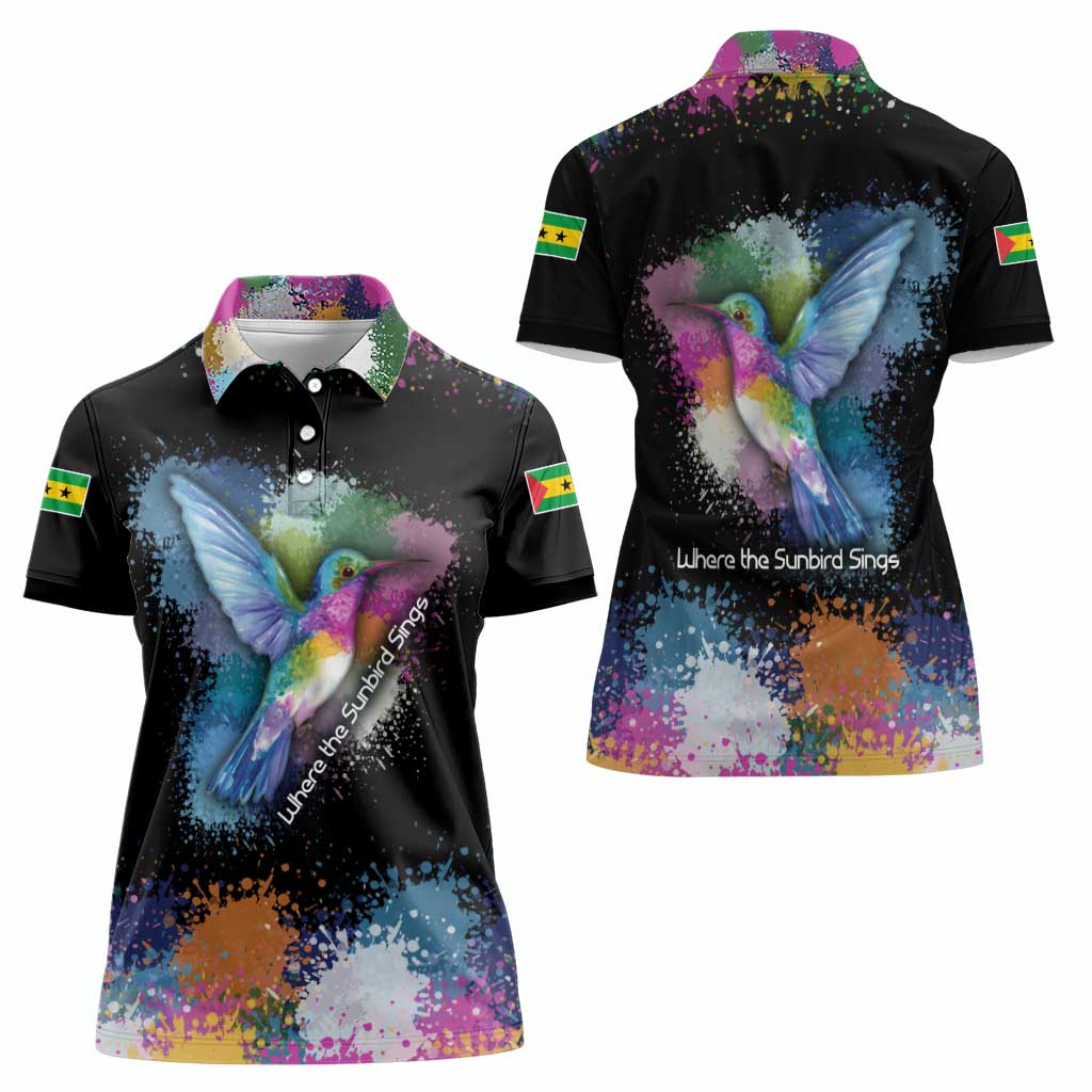 Where the Sunbird Sings Women Polo Shirt with Sao Tome and Principe Flag and Color Splash Art