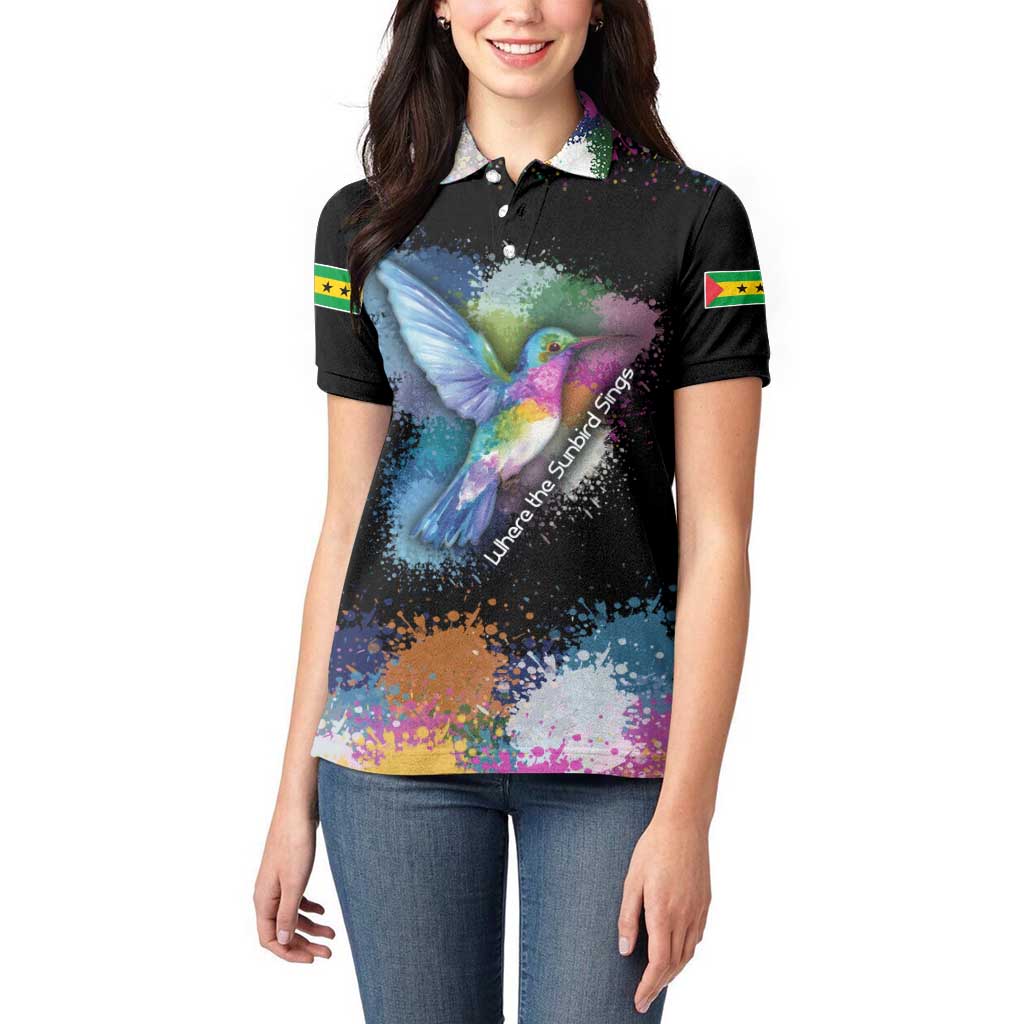 Where the Sunbird Sings Women Polo Shirt with Sao Tome and Principe Flag and Color Splash Art