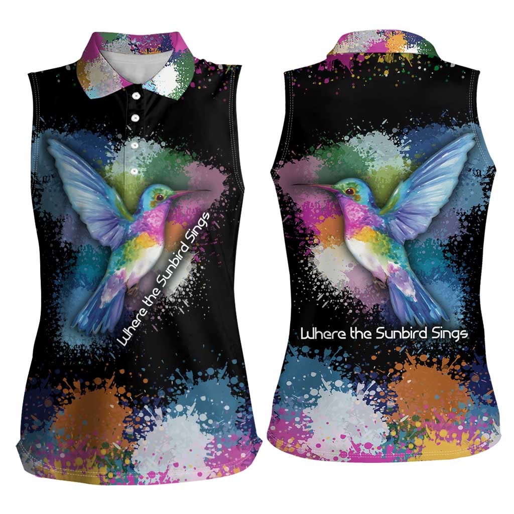 Where the Sunbird Sings Women Sleeveless Polo Shirt with Sao Tome and Principe Flag and Color Splash Art