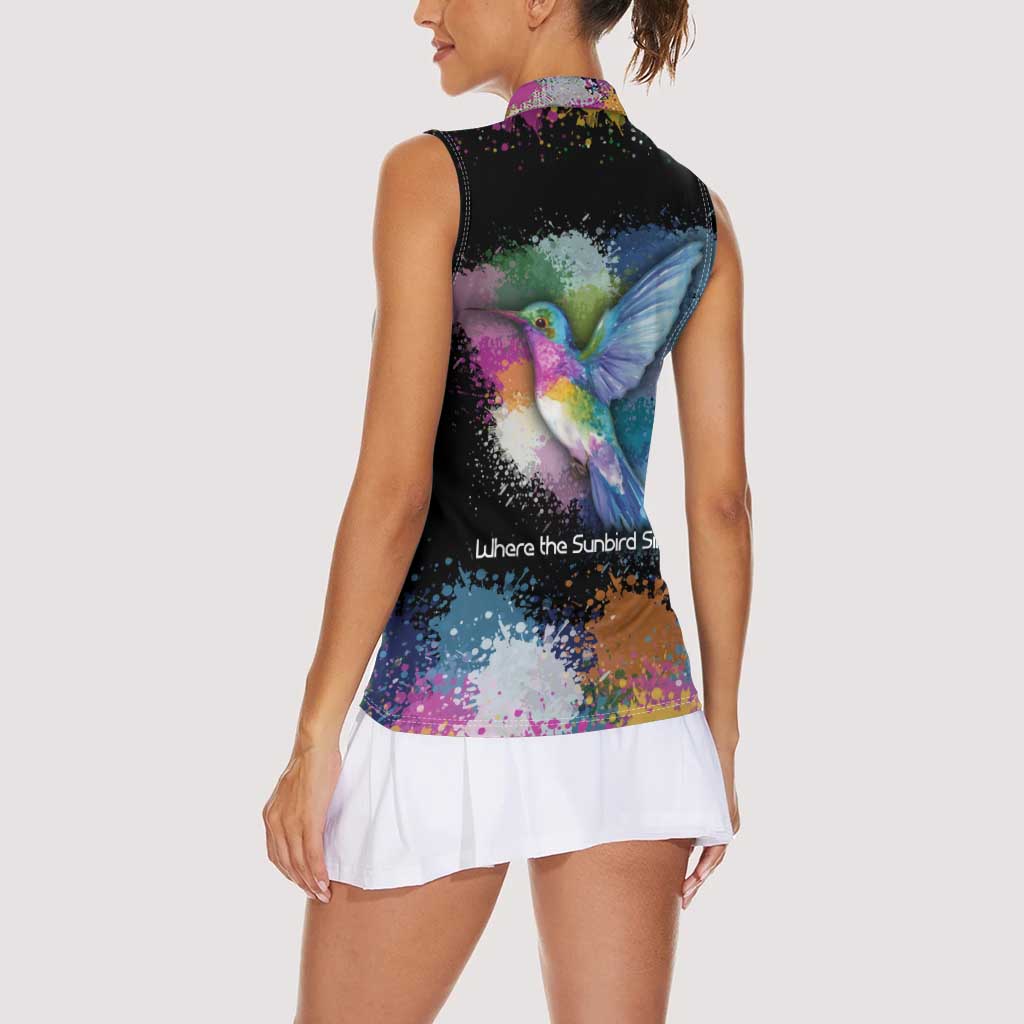 Where the Sunbird Sings Women Sleeveless Polo Shirt with Sao Tome and Principe Flag and Color Splash Art