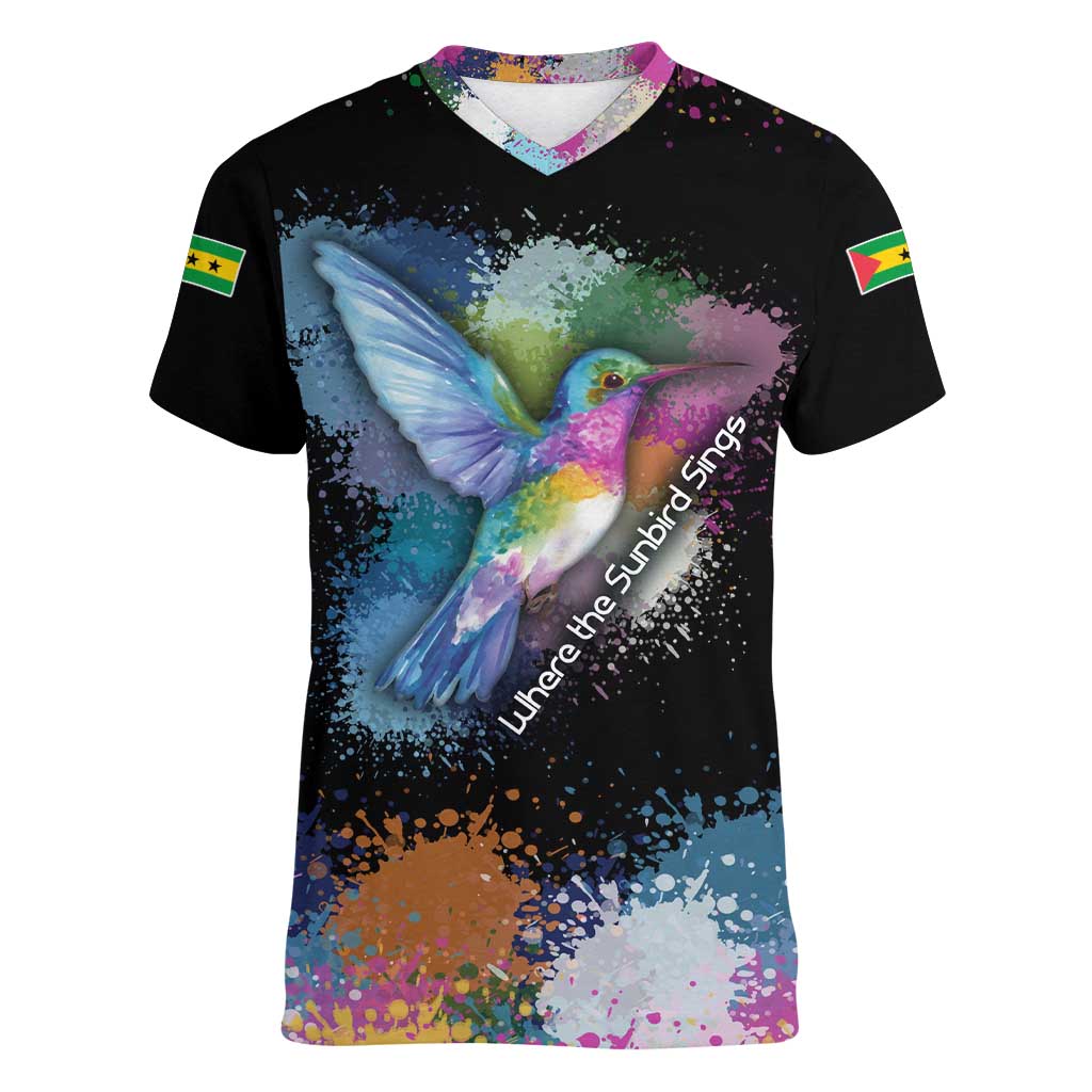 Where the Sunbird Sings Women V-Neck T-Shirt with Sao Tome and Principe Flag and Color Splash Art
