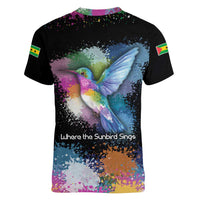 Where the Sunbird Sings Women V-Neck T-Shirt with Sao Tome and Principe Flag and Color Splash Art
