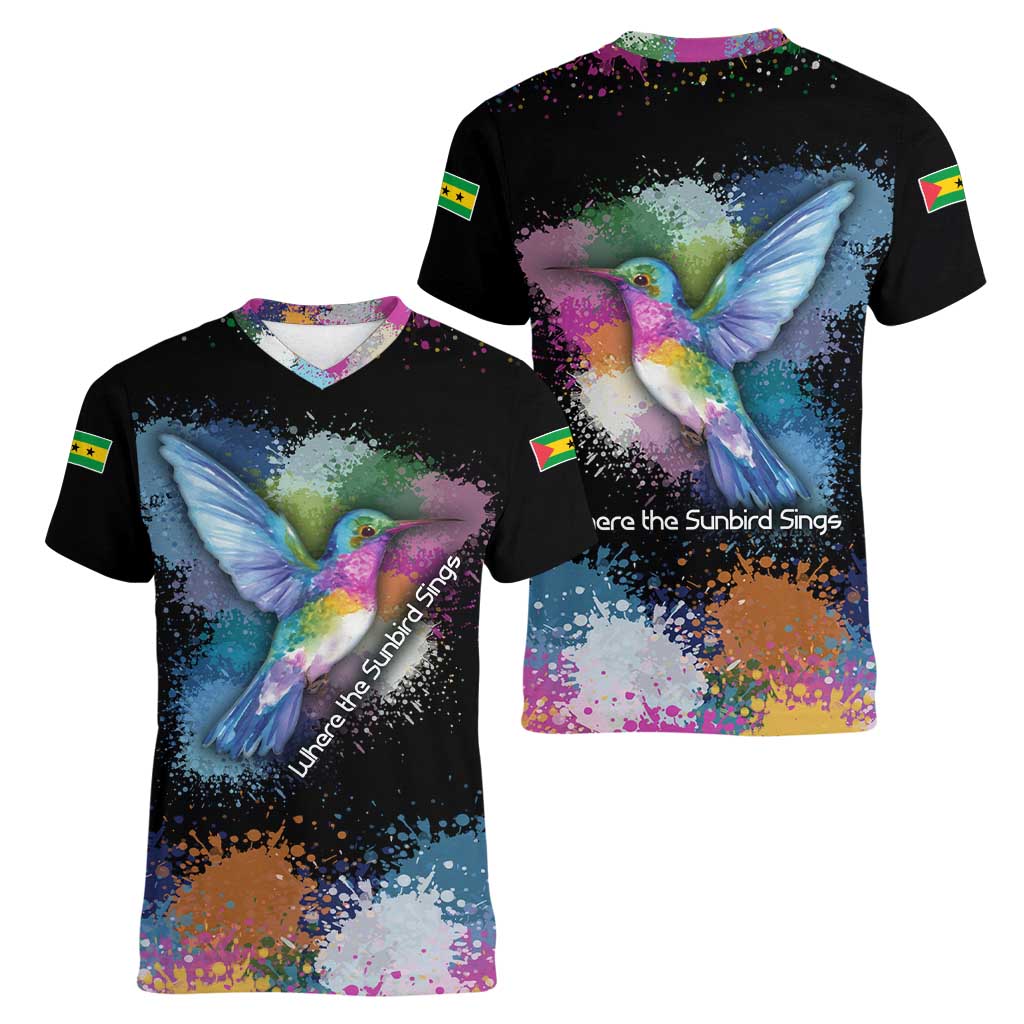 Where the Sunbird Sings Women V-Neck T-Shirt with Sao Tome and Principe Flag and Color Splash Art