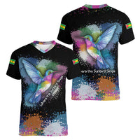 Where the Sunbird Sings Women V-Neck T-Shirt with Sao Tome and Principe Flag and Color Splash Art