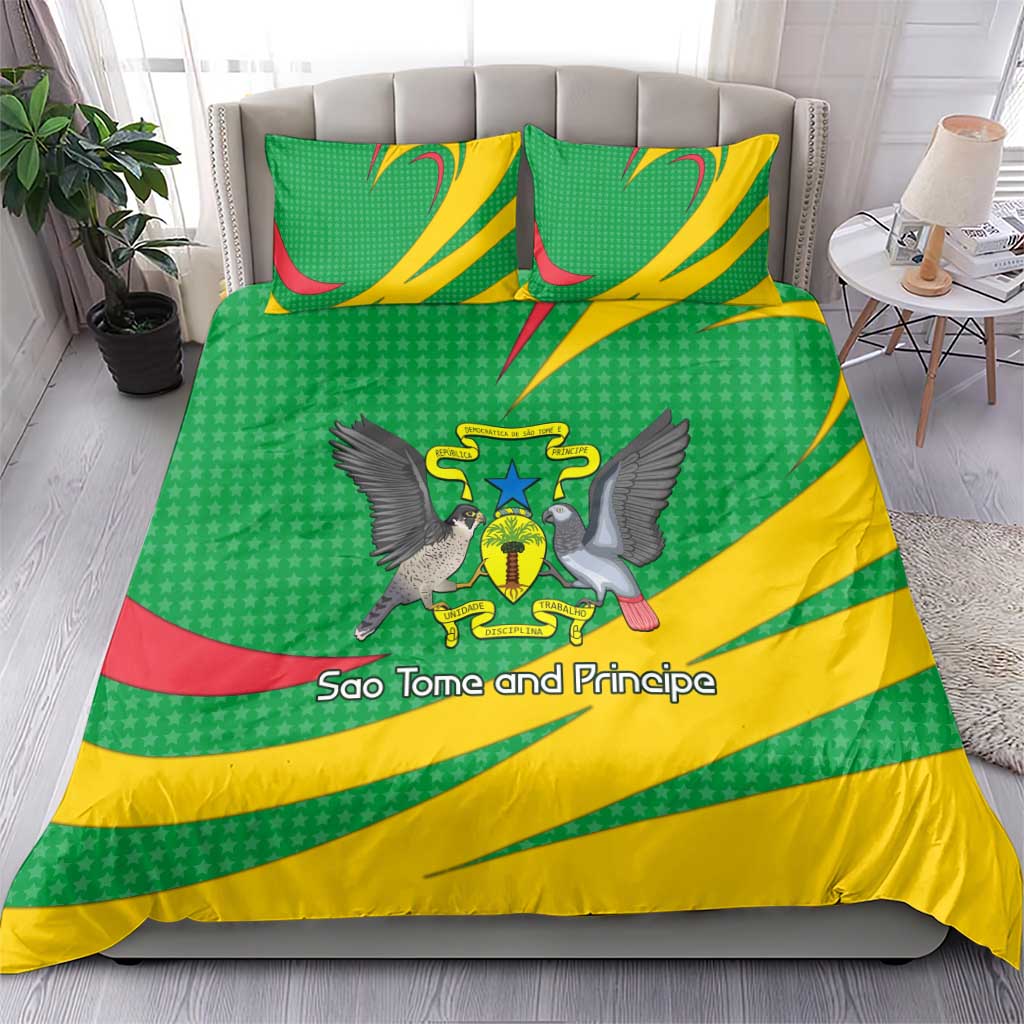 Sao Tome and Principe National Emblem Bedding Set with Green Yellow Flag Pattern