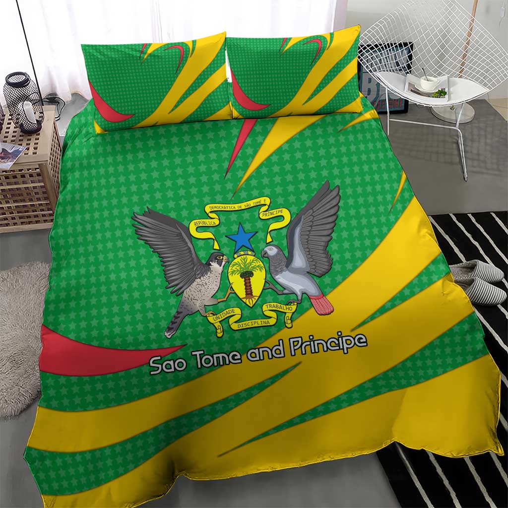 Sao Tome and Principe National Emblem Bedding Set with Green Yellow Flag Pattern