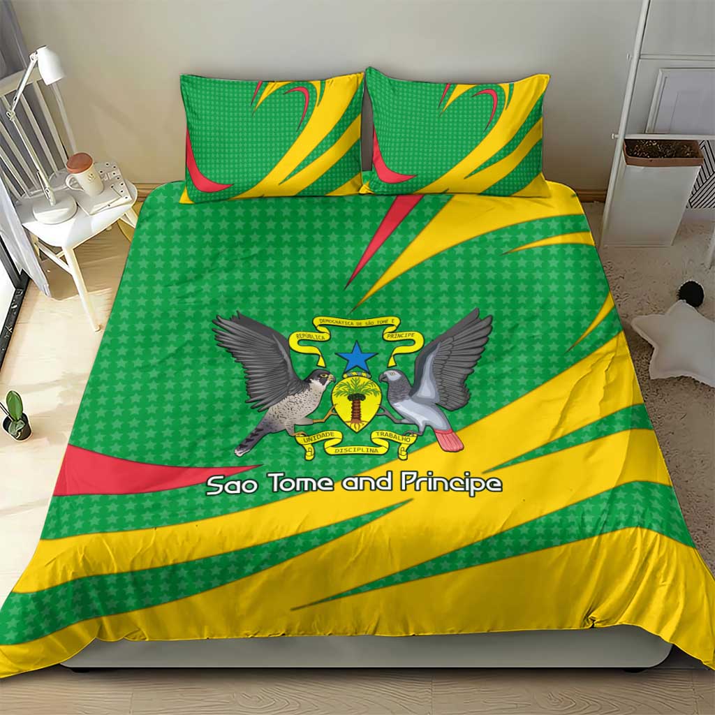 Sao Tome and Principe National Emblem Bedding Set with Green Yellow Flag Pattern