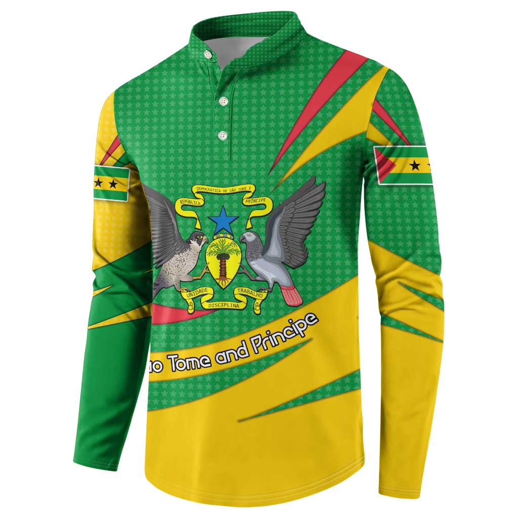 Sao Tome and Principe National Emblem Button Sweatshirt with Green Yellow Flag Pattern
