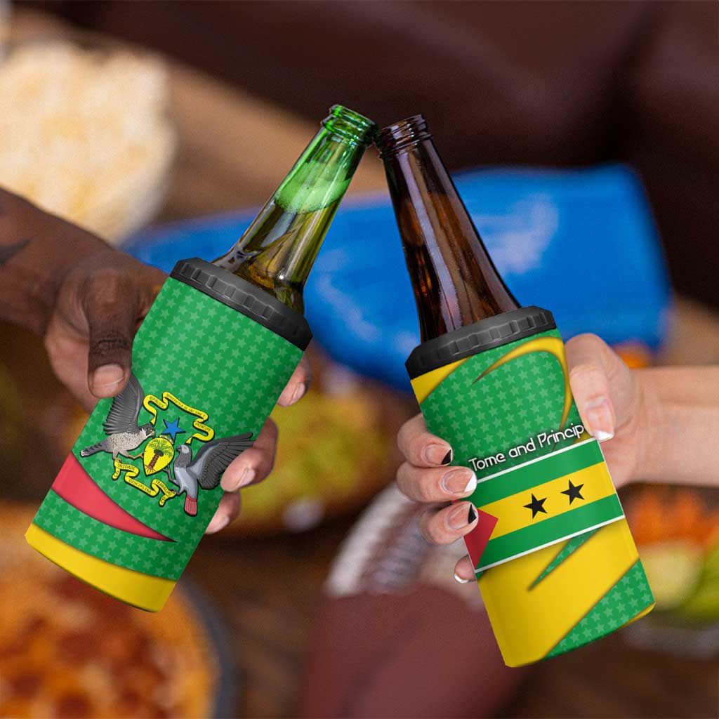 Sao Tome and Principe National Emblem 4 in 1 Can Cooler Tumbler with Green Yellow Flag Pattern
