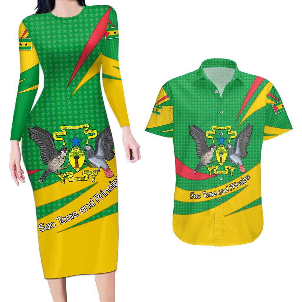 Sao Tome and Principe National Emblem Couples Matching Long Sleeve Bodycon Dress and Hawaiian Shirt with Green Yellow Flag Pattern