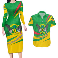 Sao Tome and Principe National Emblem Couples Matching Long Sleeve Bodycon Dress and Hawaiian Shirt with Green Yellow Flag Pattern