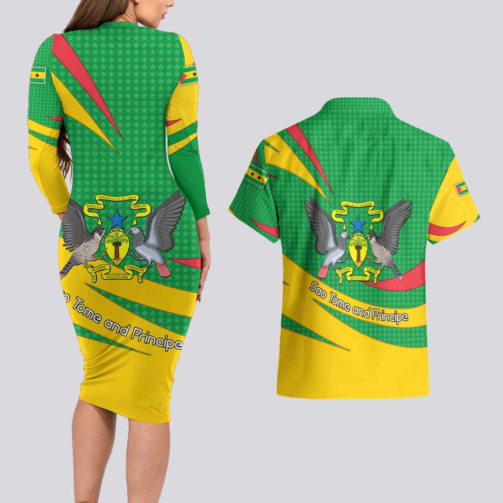 Sao Tome and Principe National Emblem Couples Matching Long Sleeve Bodycon Dress and Hawaiian Shirt with Green Yellow Flag Pattern