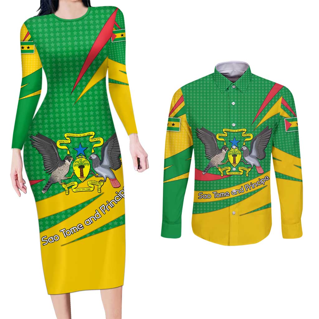 Sao Tome and Principe National Emblem Couples Matching Long Sleeve Bodycon Dress and Long Sleeve Button Shirt with Green Yellow Flag Pattern