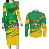 Sao Tome and Principe National Emblem Couples Matching Long Sleeve Bodycon Dress and Long Sleeve Button Shirt with Green Yellow Flag Pattern