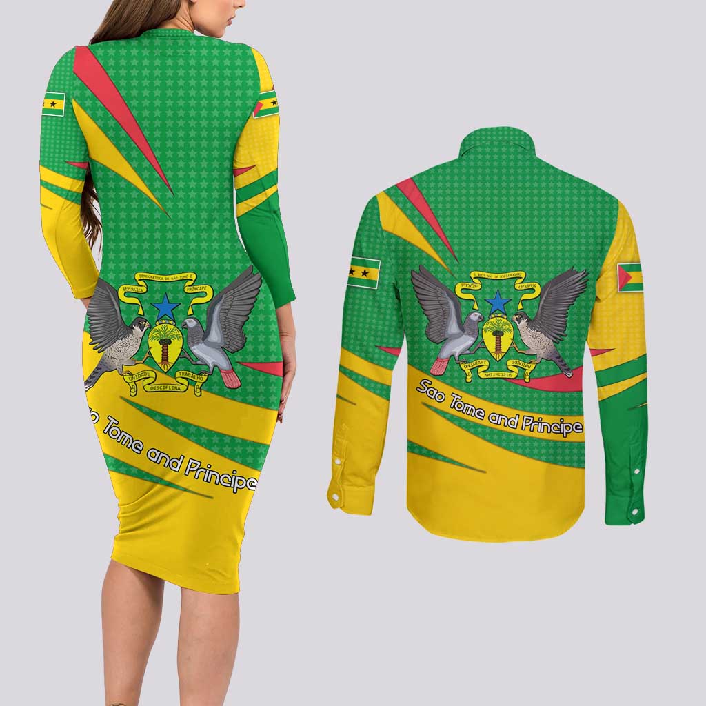 Sao Tome and Principe National Emblem Couples Matching Long Sleeve Bodycon Dress and Long Sleeve Button Shirt with Green Yellow Flag Pattern