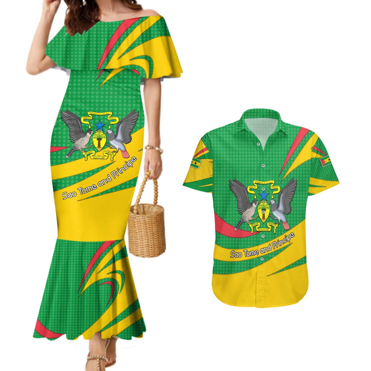 Sao Tome and Principe National Emblem Couples Matching Mermaid Dress and Hawaiian Shirt with Green Yellow Flag Pattern