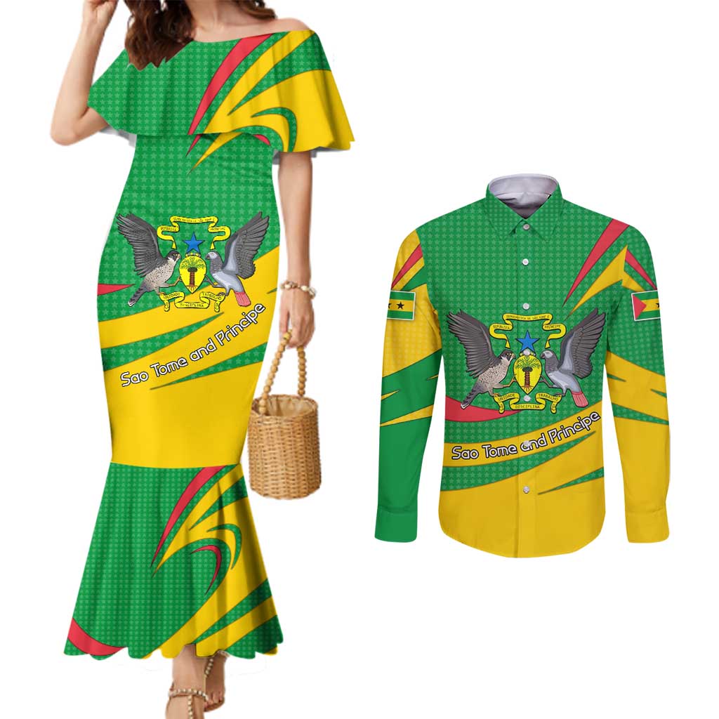 Sao Tome and Principe National Emblem Couples Matching Mermaid Dress and Long Sleeve Button Shirt with Green Yellow Flag Pattern