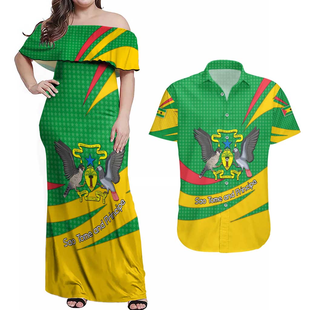 Sao Tome and Principe National Emblem Couples Matching Off Shoulder Maxi Dress and Hawaiian Shirt with Green Yellow Flag Pattern