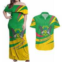 Sao Tome and Principe National Emblem Couples Matching Off Shoulder Maxi Dress and Hawaiian Shirt with Green Yellow Flag Pattern