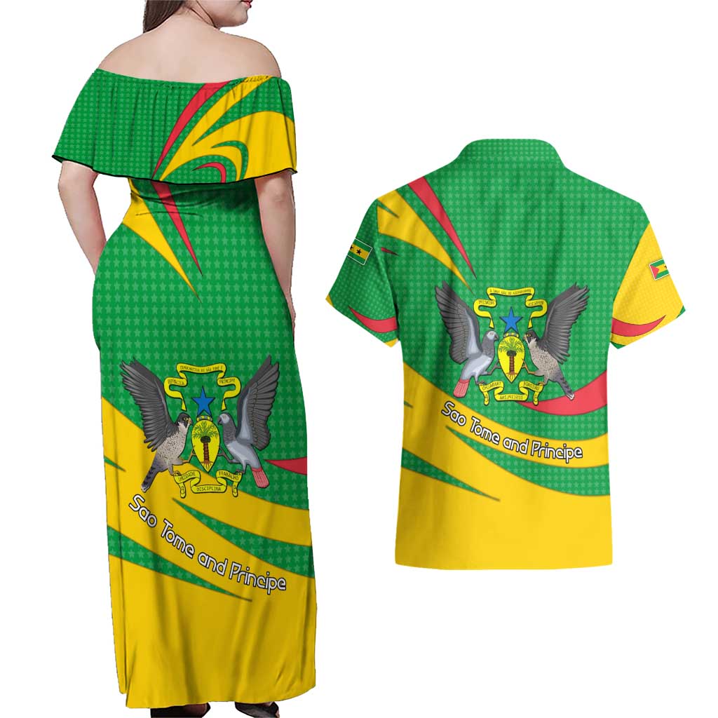 Sao Tome and Principe National Emblem Couples Matching Off Shoulder Maxi Dress and Hawaiian Shirt with Green Yellow Flag Pattern