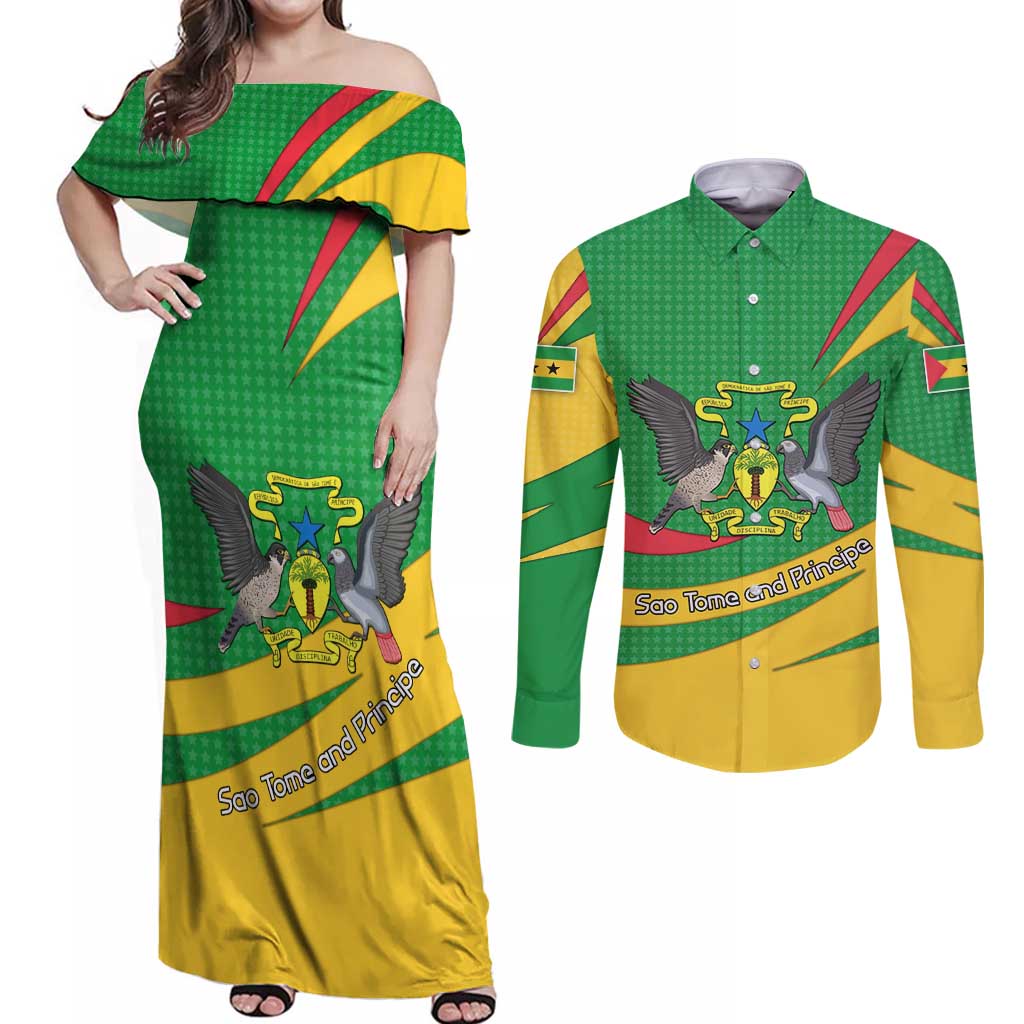 Sao Tome and Principe National Emblem Couples Matching Off Shoulder Maxi Dress and Long Sleeve Button Shirt with Green Yellow Flag Pattern