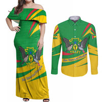 Sao Tome and Principe National Emblem Couples Matching Off Shoulder Maxi Dress and Long Sleeve Button Shirt with Green Yellow Flag Pattern