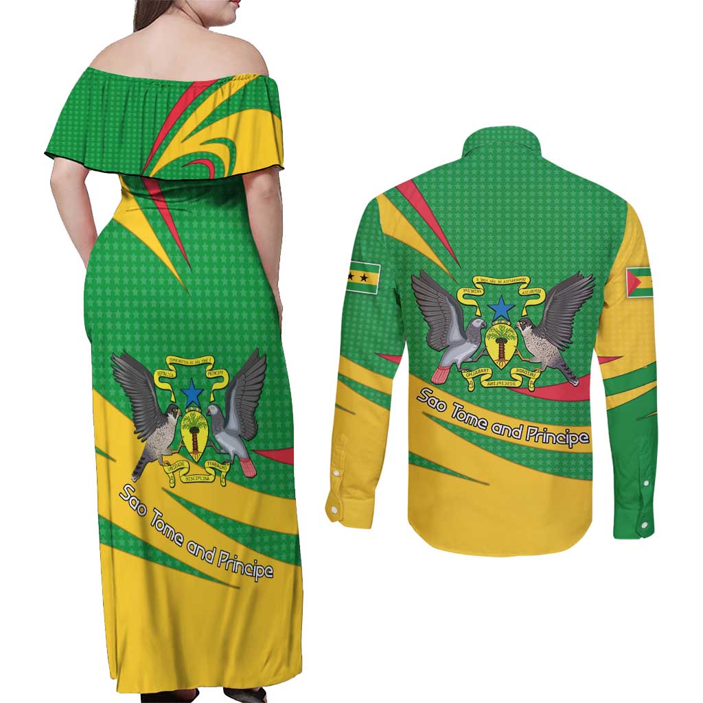 Sao Tome and Principe National Emblem Couples Matching Off Shoulder Maxi Dress and Long Sleeve Button Shirt with Green Yellow Flag Pattern