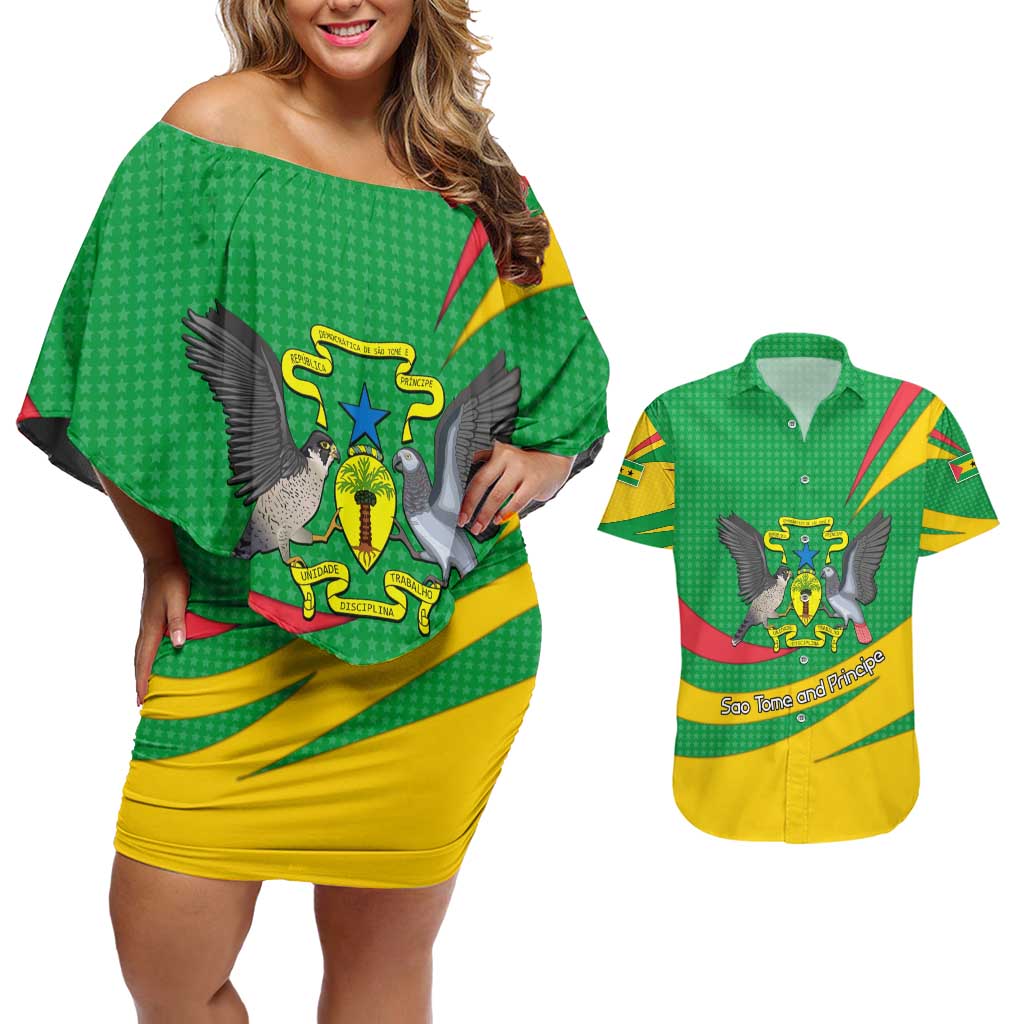 Sao Tome and Principe National Emblem Couples Matching Off Shoulder Short Dress and Hawaiian Shirt with Green Yellow Flag Pattern