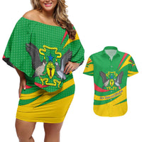 Sao Tome and Principe National Emblem Couples Matching Off Shoulder Short Dress and Hawaiian Shirt with Green Yellow Flag Pattern