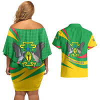 Sao Tome and Principe National Emblem Couples Matching Off Shoulder Short Dress and Hawaiian Shirt with Green Yellow Flag Pattern