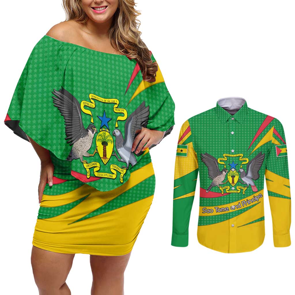 Sao Tome and Principe National Emblem Couples Matching Off Shoulder Short Dress and Long Sleeve Button Shirt with Green Yellow Flag Pattern