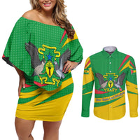 Sao Tome and Principe National Emblem Couples Matching Off Shoulder Short Dress and Long Sleeve Button Shirt with Green Yellow Flag Pattern