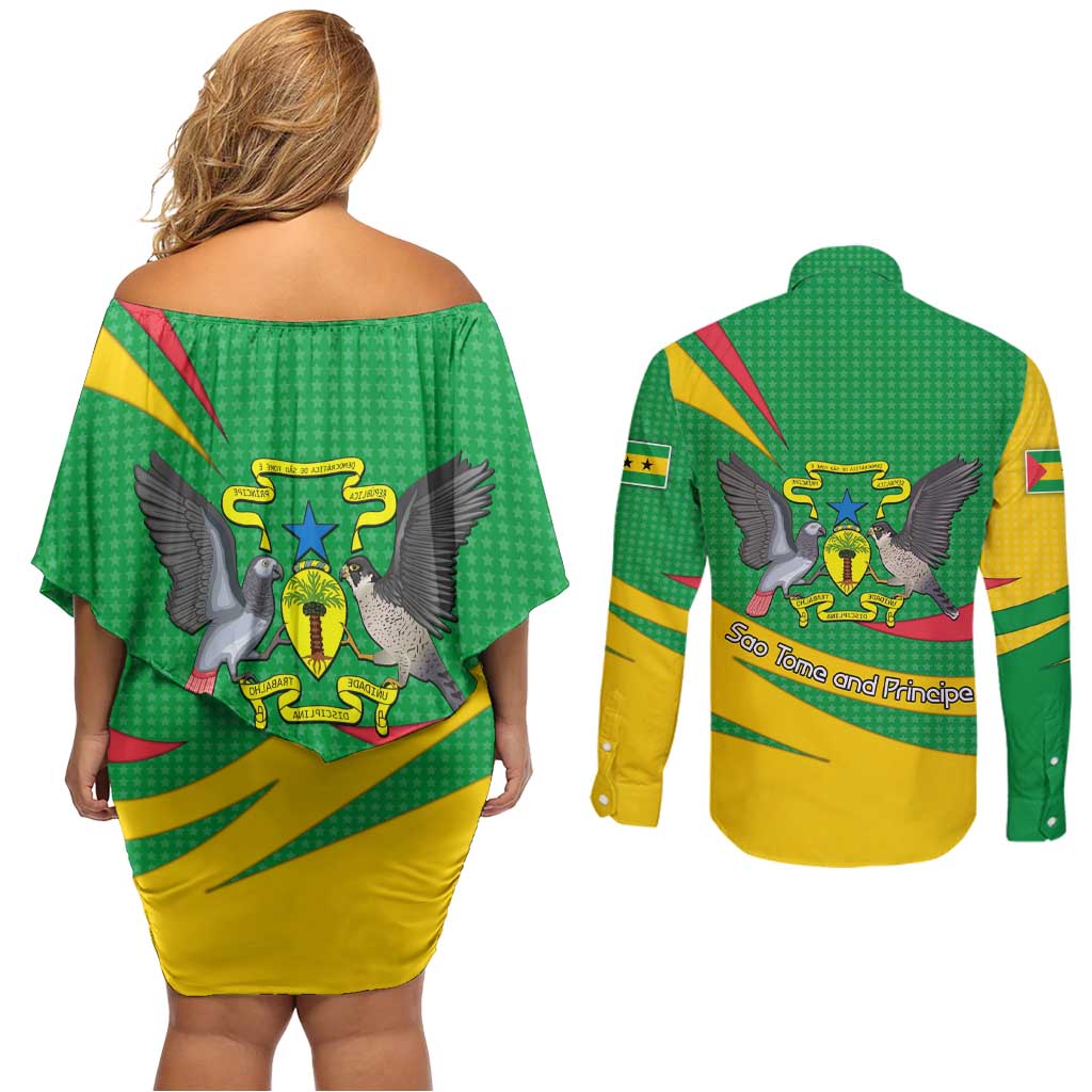 Sao Tome and Principe National Emblem Couples Matching Off Shoulder Short Dress and Long Sleeve Button Shirt with Green Yellow Flag Pattern