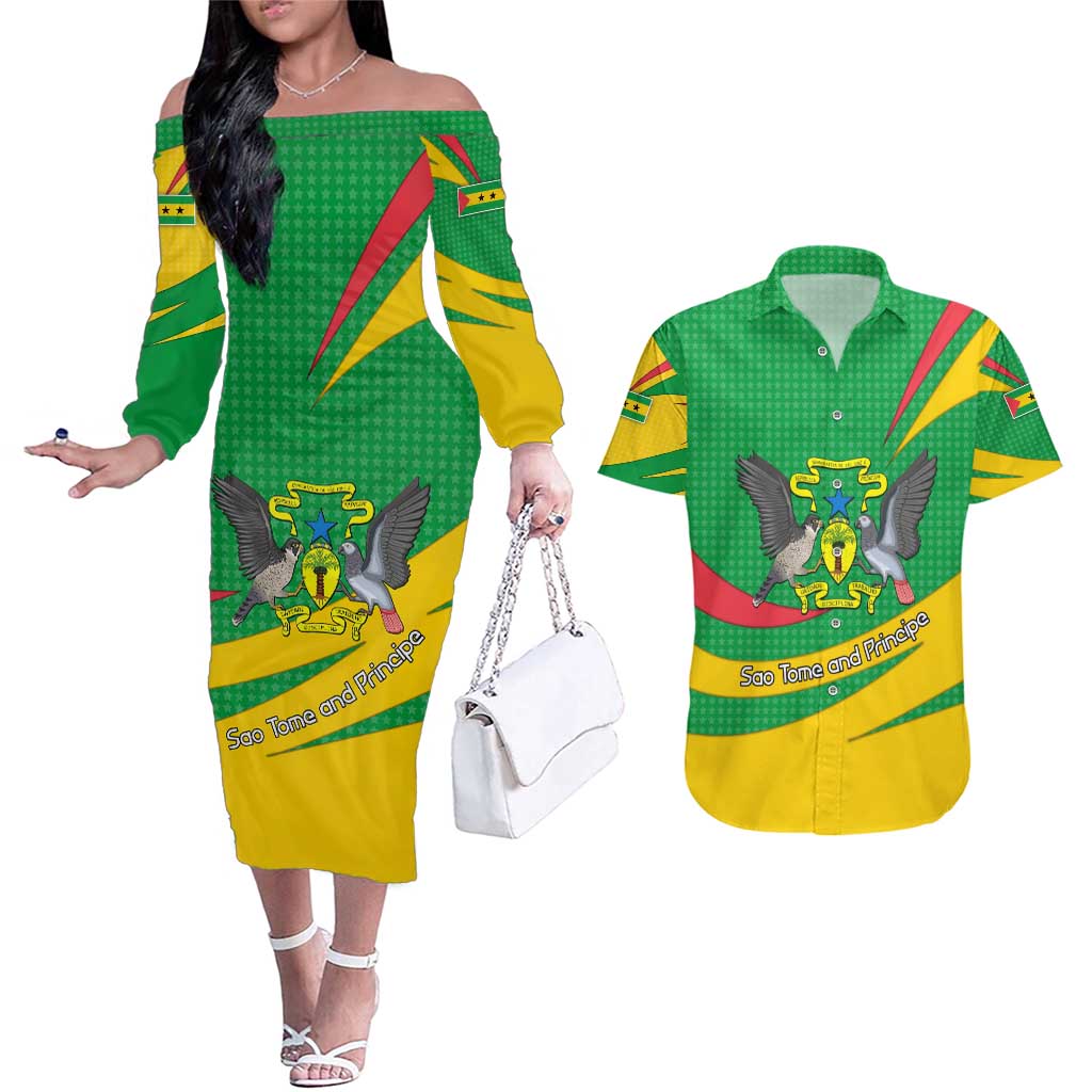 Sao Tome and Principe National Emblem Couples Matching Off The Shoulder Long Sleeve Dress and Hawaiian Shirt with Green Yellow Flag Pattern