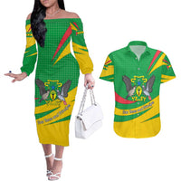Sao Tome and Principe National Emblem Couples Matching Off The Shoulder Long Sleeve Dress and Hawaiian Shirt with Green Yellow Flag Pattern