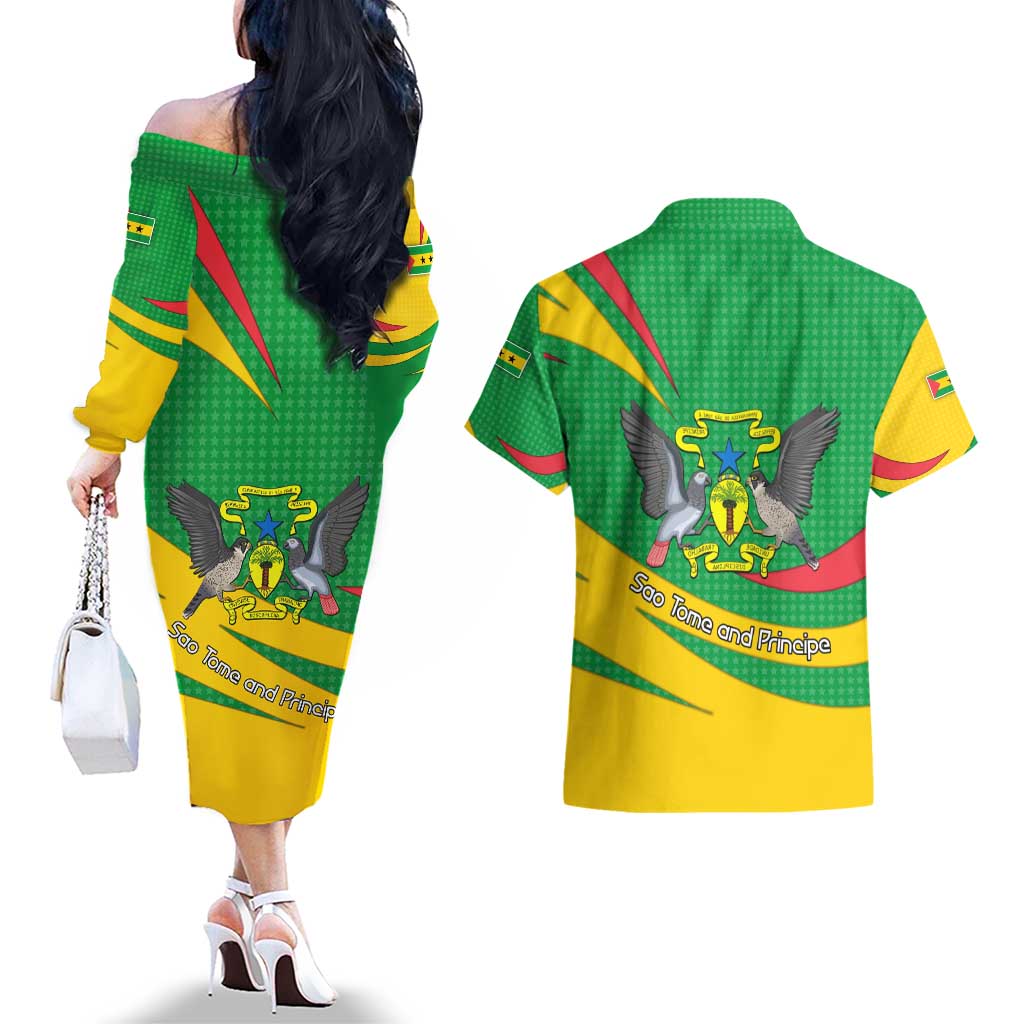 Sao Tome and Principe National Emblem Couples Matching Off The Shoulder Long Sleeve Dress and Hawaiian Shirt with Green Yellow Flag Pattern