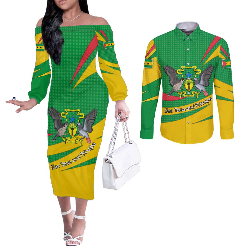 Sao Tome and Principe National Emblem Couples Matching Off The Shoulder Long Sleeve Dress and Long Sleeve Button Shirt with Green Yellow Flag Pattern
