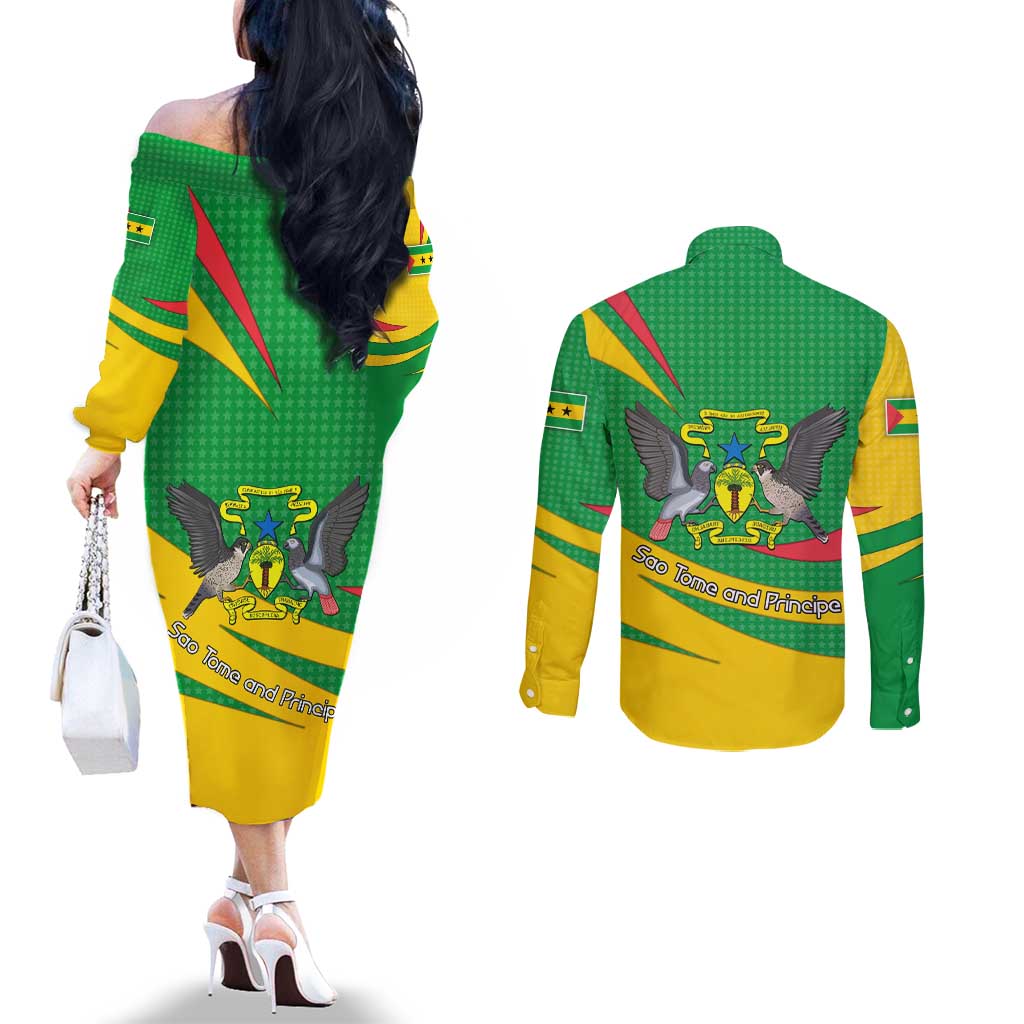 Sao Tome and Principe National Emblem Couples Matching Off The Shoulder Long Sleeve Dress and Long Sleeve Button Shirt with Green Yellow Flag Pattern