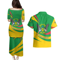 Sao Tome and Principe National Emblem Couples Matching Puletasi and Hawaiian Shirt with Green Yellow Flag Pattern