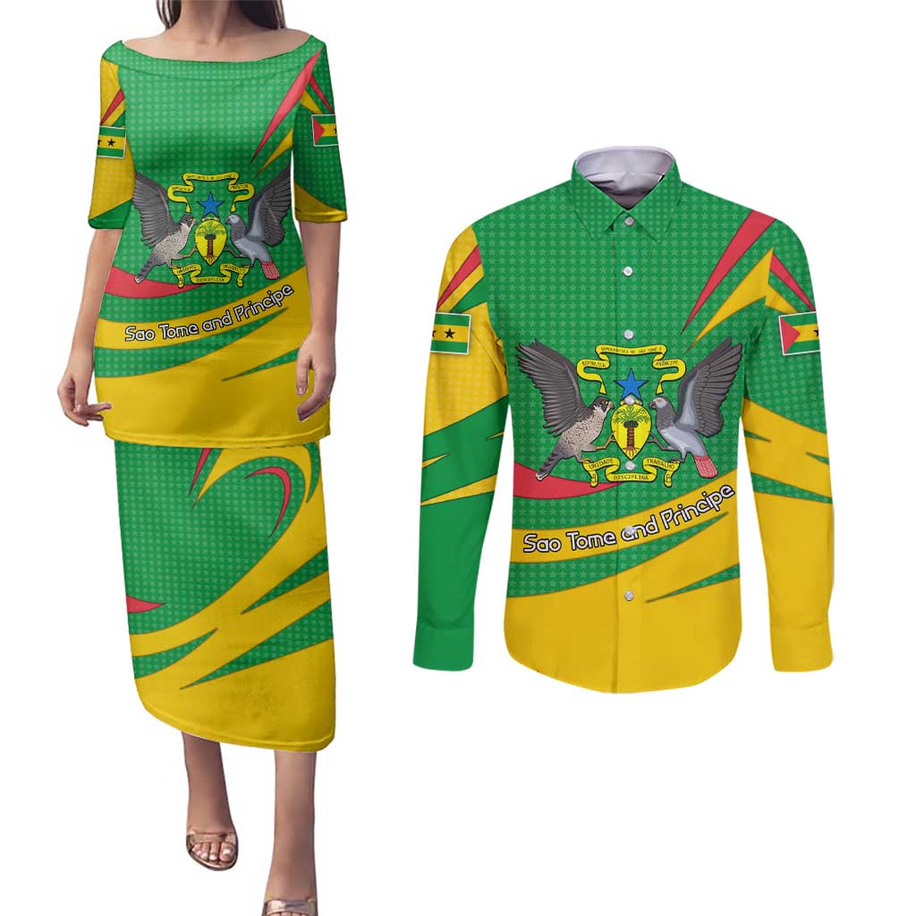 Sao Tome and Principe National Emblem Couples Matching Puletasi and Long Sleeve Button Shirt with Green Yellow Flag Pattern
