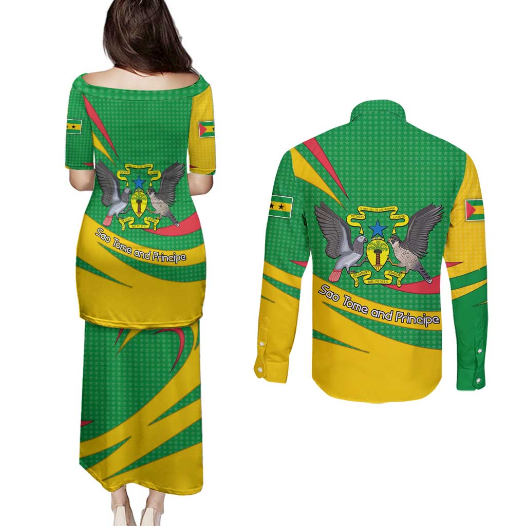 Sao Tome and Principe National Emblem Couples Matching Puletasi and Long Sleeve Button Shirt with Green Yellow Flag Pattern