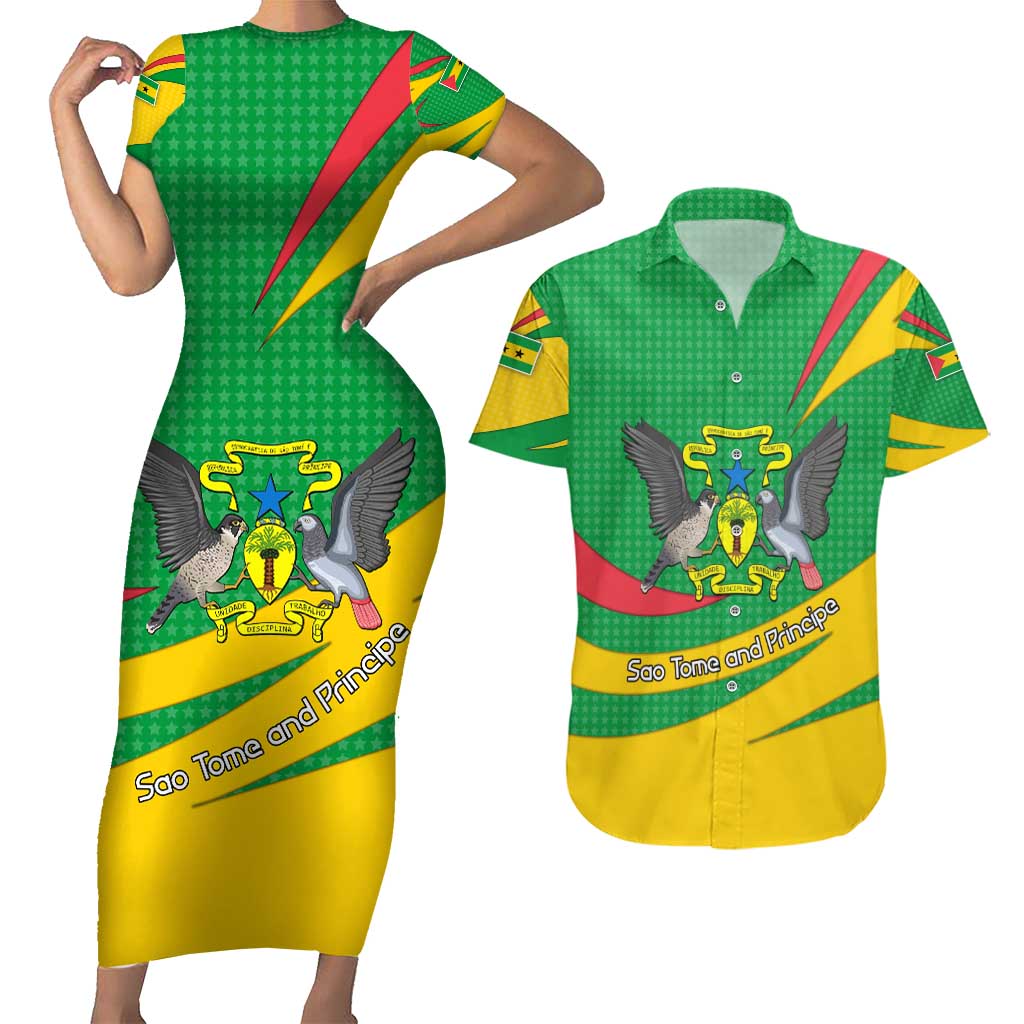 Sao Tome and Principe National Emblem Couples Matching Short Sleeve Bodycon Dress and Hawaiian Shirt with Green Yellow Flag Pattern